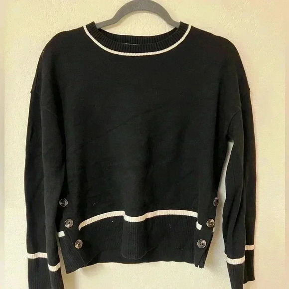 Black Sweater Cream Trim Button Detail Sweater size small - Picture 2 of 6